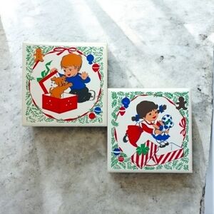 Vintage 1960s-70s Jasco Taiwan Christmas Boy & Girl Ceramic Tile Coasters/Trivet